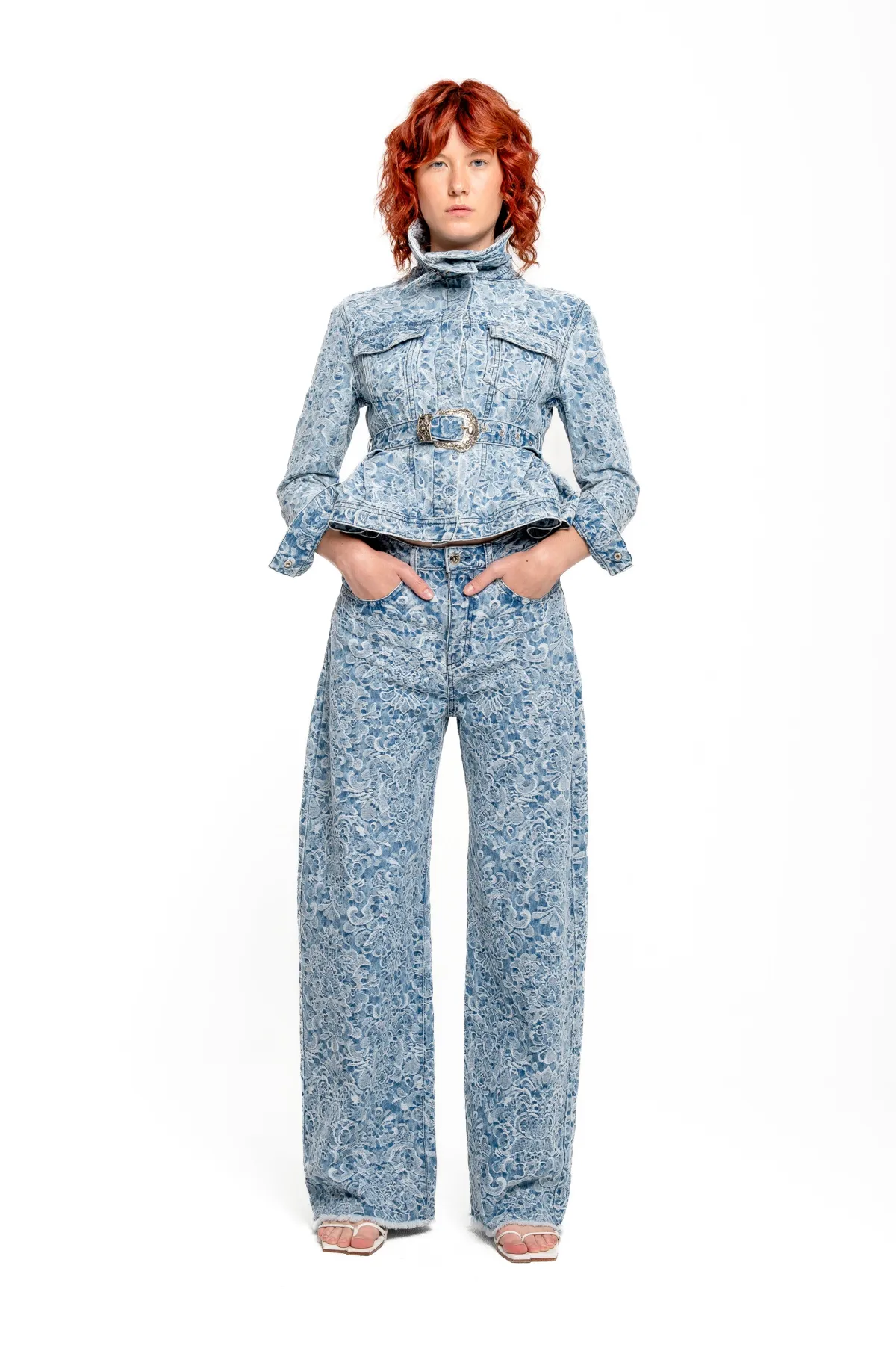 Women Marques ' Almeida LIGHT BLUE BROCADE DENIM BOYFRIEND TROUSERS