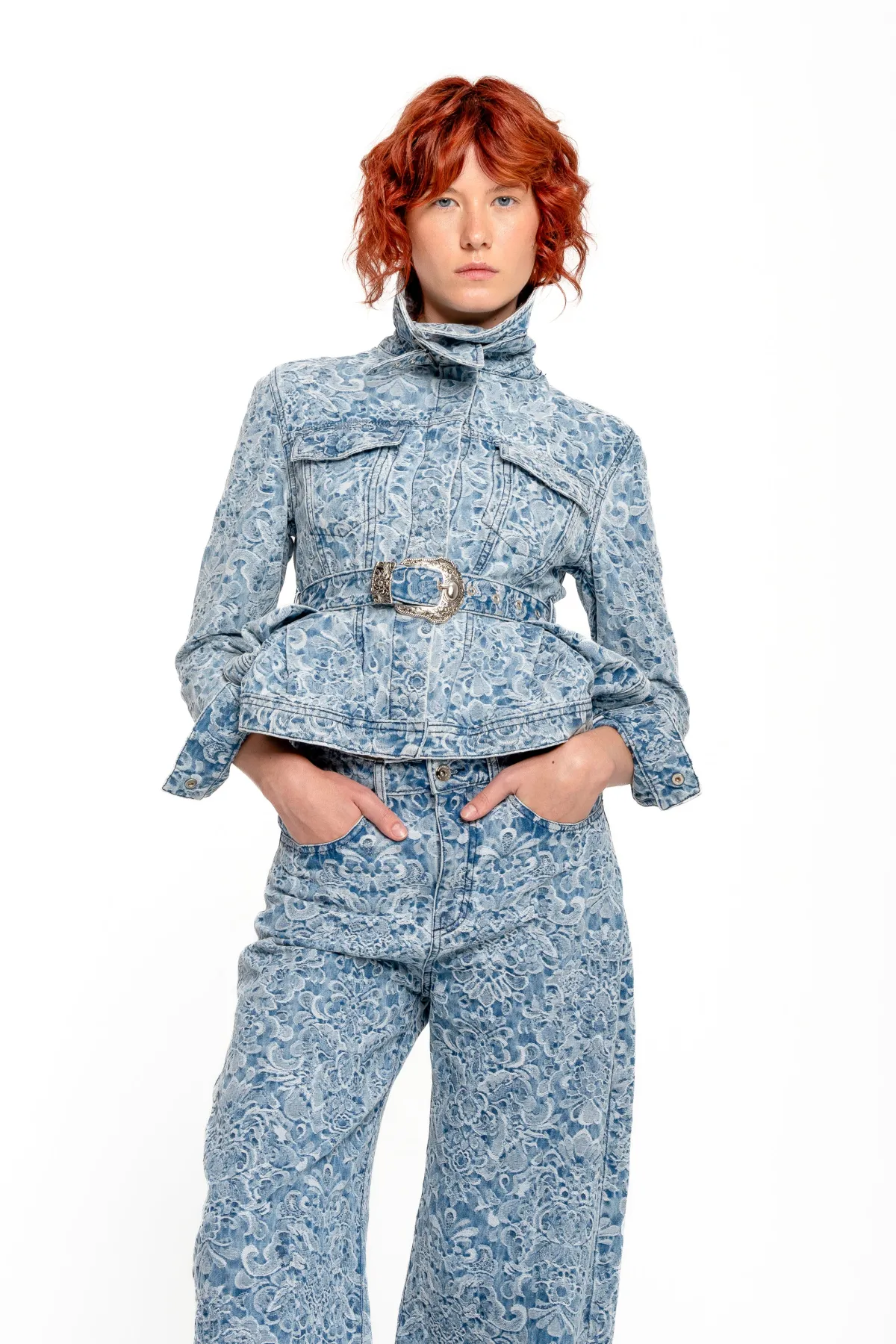 Women Marques ' Almeida LIGHT BLUE FITTED JACKET WITH EMBELLISHMENT BELT