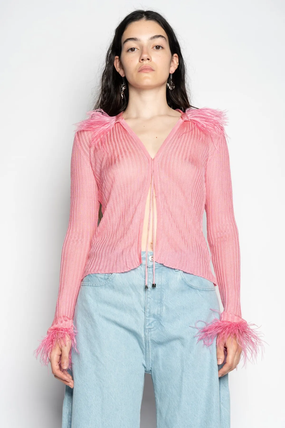 Women Marques ' Almeida LIGHT PINK VISCOSE KNITTED TOP WITH FEATHERS