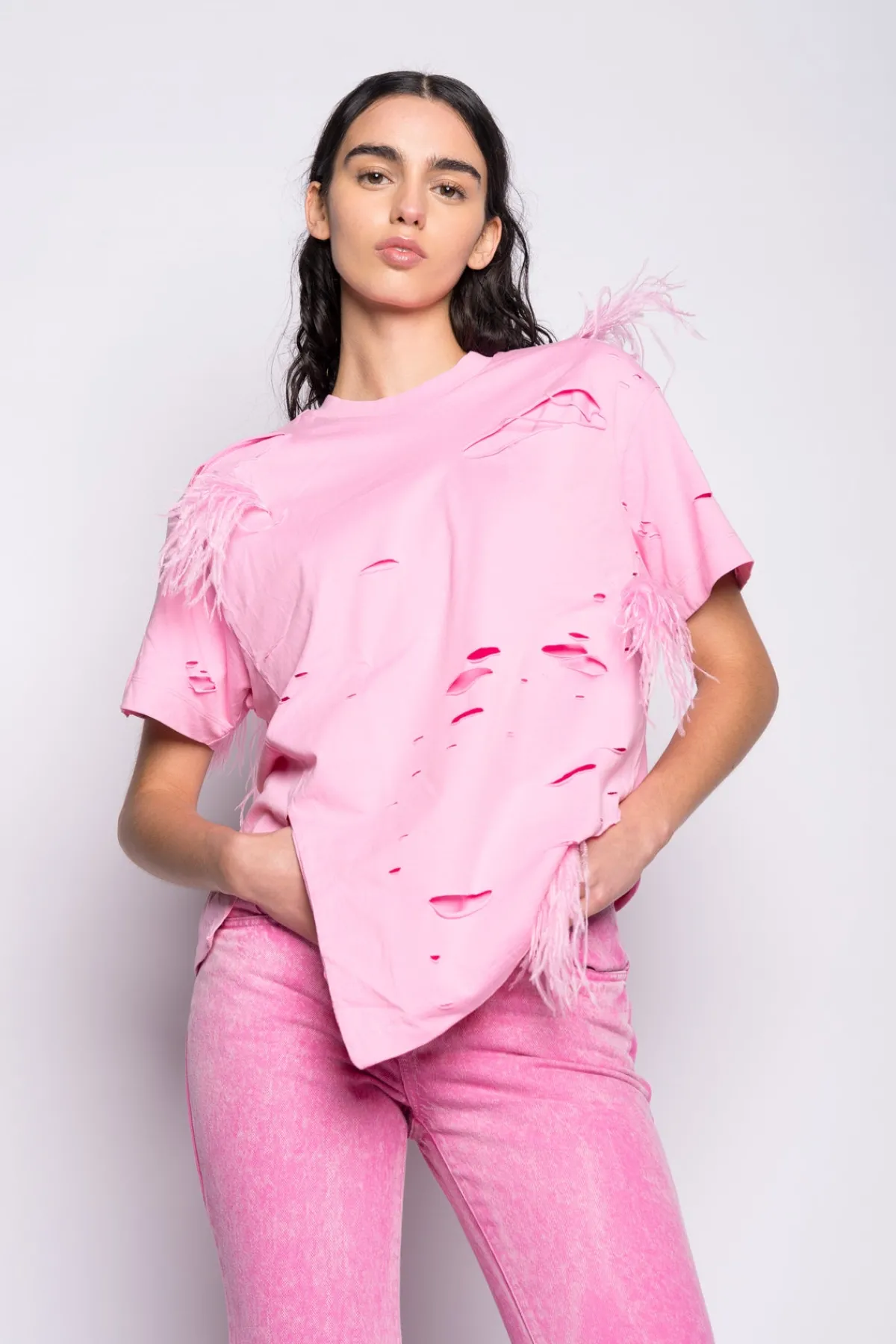 Women Marques ' Almeida DISTRESSED T-SHIRT WITH FEATHERS