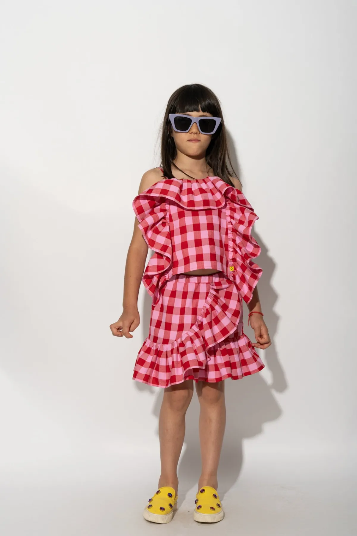 Kids Marques ' Almeida RED AND PINK GINGHAM FRILL TOP